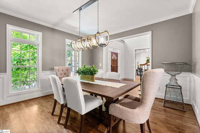 213 Old House Way, Simpsonville, SC 29681 - dining space featuring wood finished floors, a chandelier, ornamental molding, a wainscoted wall, and a decorative wall