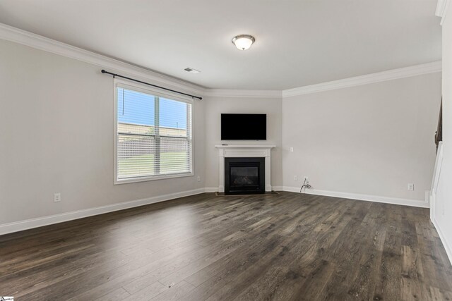 122 Rivermill Pl, Piedmont, SC 29673 - unfurnished living room with ornamental molding, a fireplace with flush hearth, dark wood finished floors, and baseboards