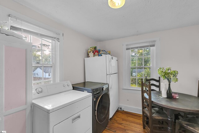 2413 Andrews Rd, Spartanburg, SC 29302 - laundry area featuring independent washer and dryer, hardwood / wood-style floors, baseboards, and a textured ceiling