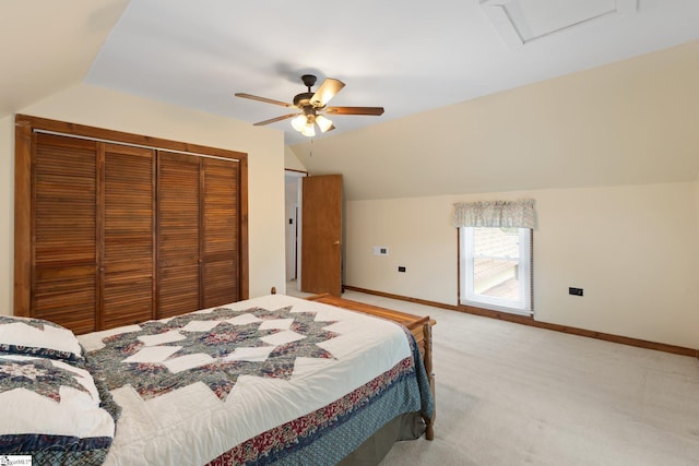 1 Baldwin St, Pelzer, SC 29669 - bedroom with lofted ceiling, attic access, a closet, baseboards, and light colored carpet