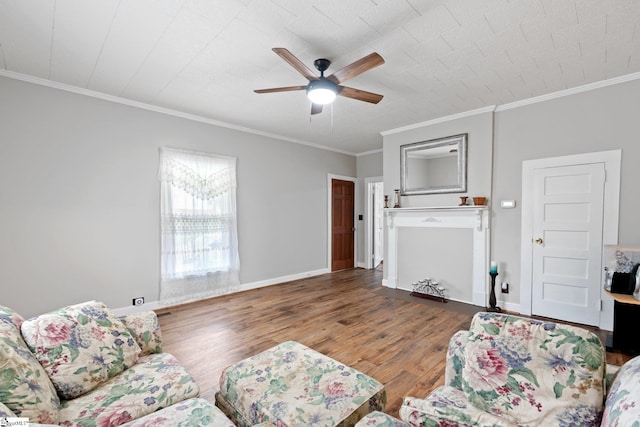 1 Baldwin St, Pelzer, SC 29669 - living room with a ceiling fan, wood finished floors, ornamental molding, and baseboards