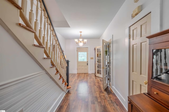 251 W Mcelhaney Rd, Taylors, SC 29687 - entryway with stairs, dark wood finished floors, a chandelier, and baseboards