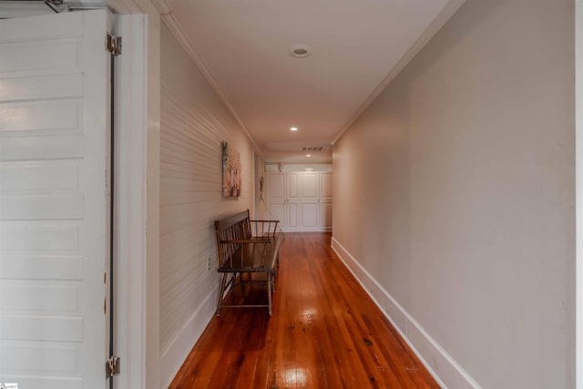 251 W Mcelhaney Rd, Taylors, SC 29687 - hallway with crown molding, baseboards, wood-type flooring, recessed lighting, and wood walls