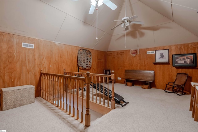 251 W Mcelhaney Rd, Taylors, SC 29687 - staircase featuring wooden walls, a ceiling fan, carpet flooring, and lofted ceiling