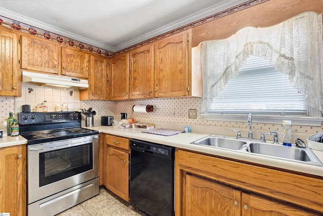 11 Midland Ct, Taylors, SC 29687 - kitchen with stainless steel electric range oven, dishwasher, under cabinet range hood, a sink, and light countertops