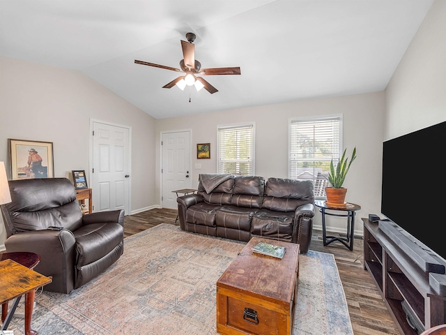 145 Hillside Cir, Easley, SC 29640 - living area with a ceiling fan, wood finished floors, vaulted ceiling, and baseboards