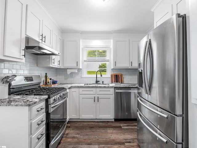 145 Hillside Cir, Easley, SC 29640 - kitchen with appliances with stainless steel finishes, under cabinet range hood, a sink, dark wood-style flooring, and white cabinetry