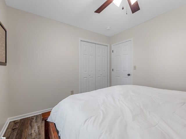 145 Hillside Cir, Easley, SC 29640 - bedroom featuring wood finished floors, baseboards, a closet, and a ceiling fan