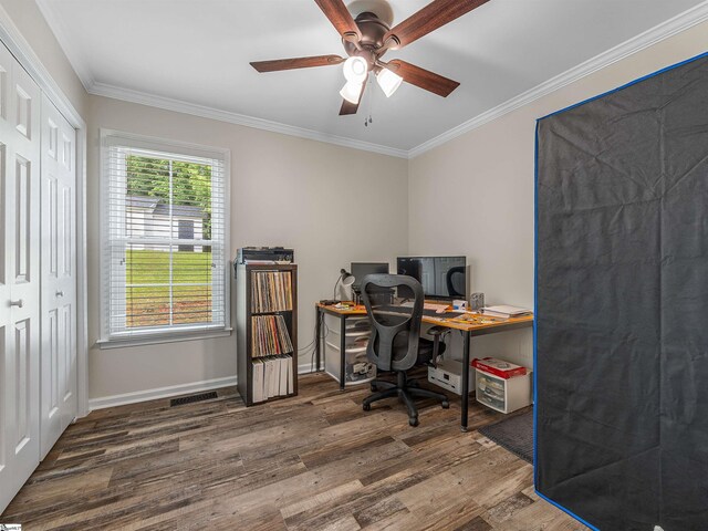 145 Hillside Cir, Easley, SC 29640 - office area featuring wood finished floors, ornamental molding, ceiling fan, and baseboards