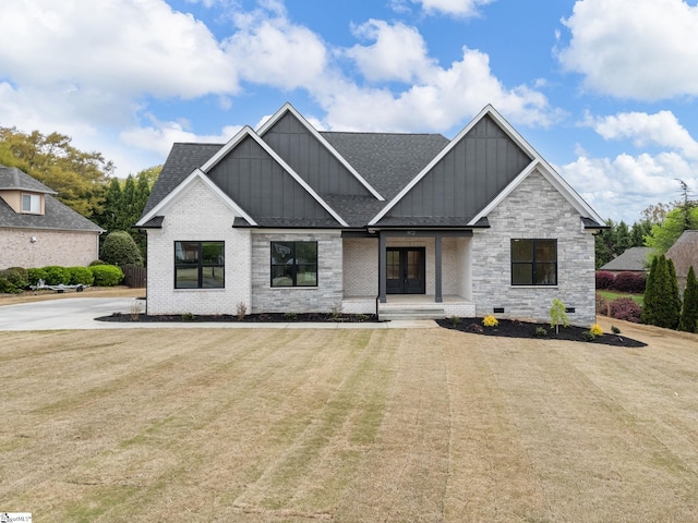 972 Nantahala Dr, Chesnee, SC 29323 - modern farmhouse with board and batten siding, french doors, a front lawn, crawl space, and a shingled roof