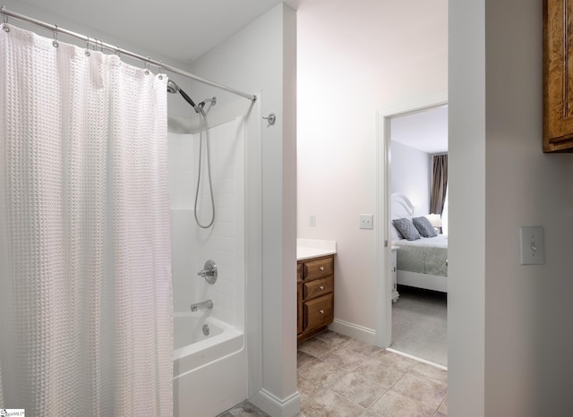 116 Legends Way, Simpsonville, SC 29681 - ensuite bathroom featuring shower / tub combo, vanity, tile patterned floors, and baseboards