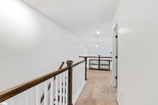 113 Noble St, Greer, SC 29651 - hallway with an upstairs landing, light colored carpet, recessed lighting, and vaulted ceiling