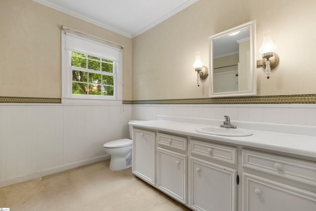 21 Kensington Rd, Greenville, SC 29617 - bathroom featuring vanity, crown molding, toilet, and a wainscoted wall