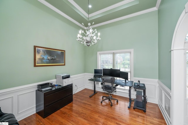 3 Swamp Lily Ct, Simpsonville, SC 29681 - office area with ornamental molding, a chandelier, a decorative wall, a wainscoted wall, and wood finished floors