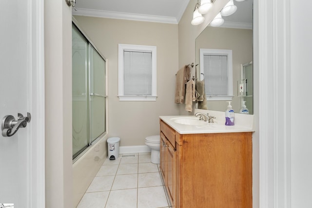 3 Swamp Lily Ct, Simpsonville, SC 29681 - bathroom featuring toilet, vanity, tile patterned flooring, shower / bath combination with glass door, and ornamental molding