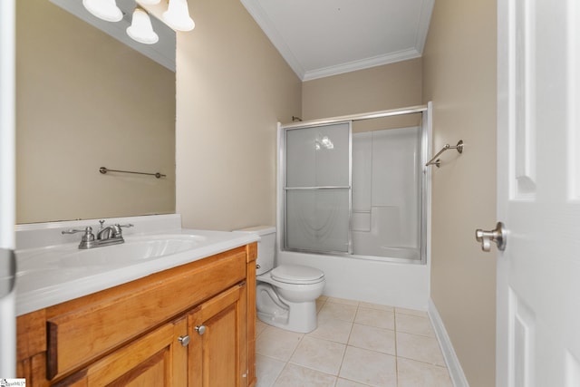 3 Swamp Lily Ct, Simpsonville, SC 29681 - bathroom with crown molding, toilet, tile patterned floors, vanity, and bath / shower combo with glass door