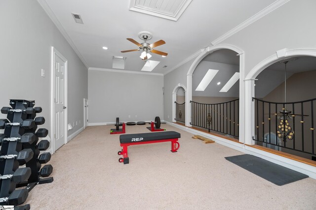 3 Swamp Lily Ct, Simpsonville, SC 29681 - workout area with a ceiling fan, carpet floors, a skylight, ornamental molding, and baseboards