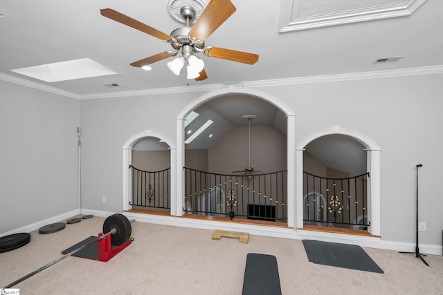 3 Swamp Lily Ct, Simpsonville, SC 29681 - workout area featuring ceiling fan, baseboards, carpet, crown molding, and a skylight