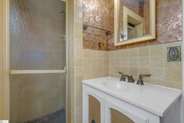 611 E S 6th St, Seneca, SC 29678 - bathroom with vanity, a shower stall, and tile walls