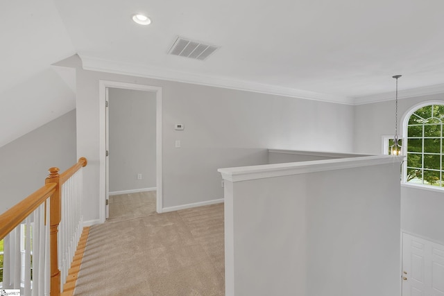 100 Beason Farm Ln, Simpsonville, SC 29681 - corridor featuring an upstairs landing, baseboards, light carpet, ornamental molding, and recessed lighting