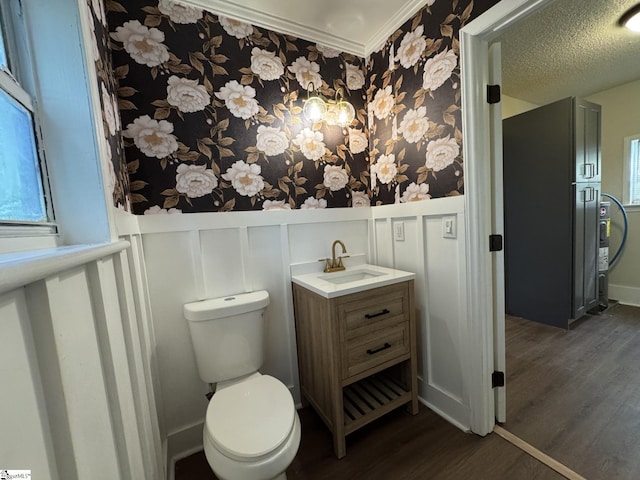 800 W Hampton St, Laurens, SC 29360 - bathroom with wood finished floors, wainscoting, toilet, vanity, and wallpapered walls