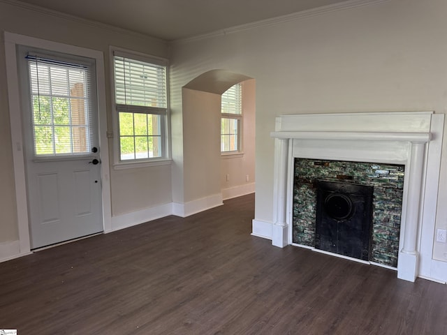 800 W Hampton St, Laurens, SC 29360 - unfurnished living room featuring a fireplace, dark wood-style floors, crown molding, baseboards, and arched walkways