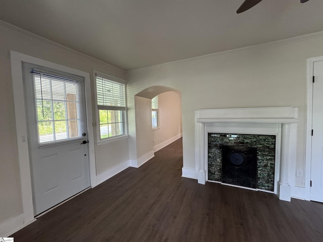 800 W Hampton St, Laurens, SC 29360 - unfurnished living room featuring ornamental molding, wood finished floors, ceiling fan, baseboards, and arched walkways