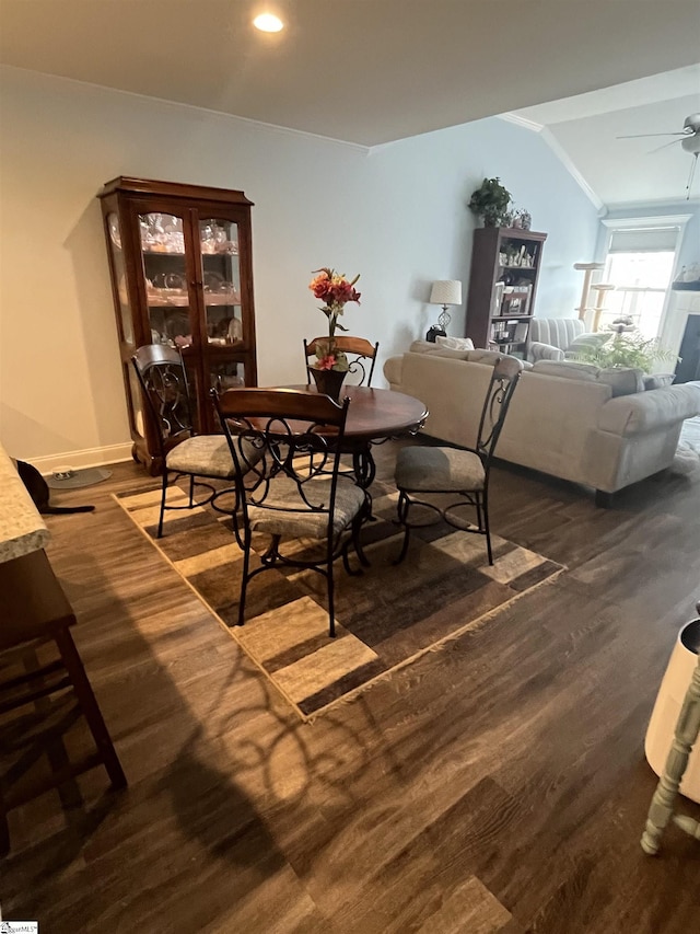 383 Amelia Springs Ln, Moore, SC 29369 - dining area featuring a ceiling fan, dark wood-style floors, lofted ceiling, ornamental molding, and recessed lighting