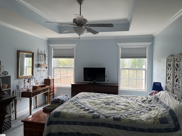 383 Amelia Springs Ln, Moore, SC 29369 - carpeted bedroom with a tray ceiling, crown molding, multiple windows, and ceiling fan