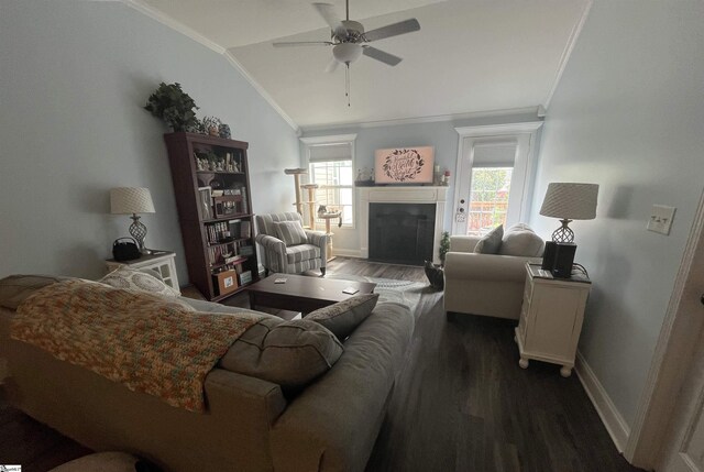 383 Amelia Springs Ln, Moore, SC 29369 - living room featuring ornamental molding, wood finished floors, lofted ceiling, a ceiling fan, and a fireplace