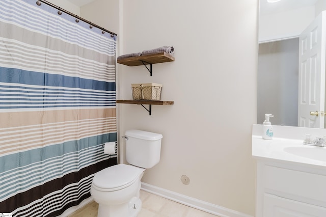 48 Border Ave, Simpsonville, SC 29680 - bathroom with toilet, vanity, baseboards, tile patterned flooring, and a shower with curtain