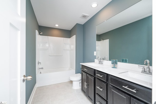 108 Pewter Cir, Simpsonville, SC 29680 - full bath featuring double vanity, tile patterned flooring, toilet, shower / washtub combination, and baseboards