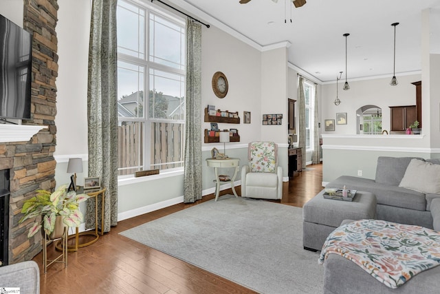 204 Medoc Ln, Moore, SC 26369 - living area with crown molding, a ceiling fan, a stone fireplace, wood finished floors, and baseboards