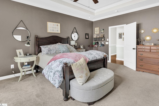 204 Medoc Ln, Moore, SC 26369 - carpeted bedroom with crown molding, a tray ceiling, baseboards, and ceiling fan