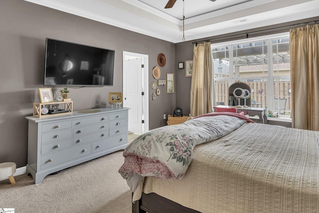 204 Medoc Ln, Moore, SC 26369 - bedroom featuring light carpet, a tray ceiling, ornamental molding, and a ceiling fan