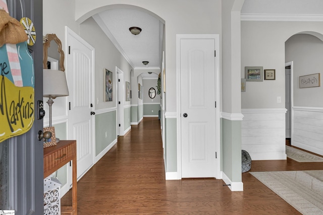 204 Medoc Ln, Moore, SC 26369 - hallway featuring ornamental molding, wood finished floors, and arched walkways
