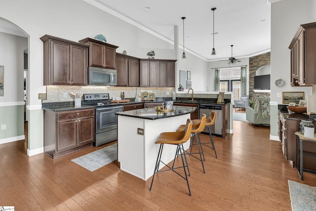 204 Medoc Ln, Moore, SC 26369 - kitchen with appliances with stainless steel finishes, ceiling fan, arched walkways, dark brown cabinetry, and tasteful backsplash