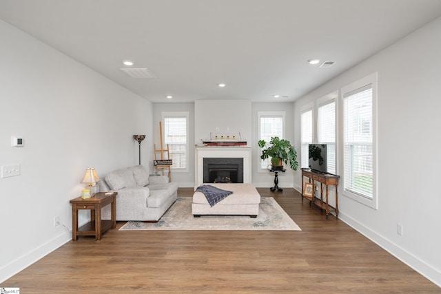 800 Redmill Ln, Duncan, SC 29334 - living room featuring baseboards, a glass covered fireplace, wood finished floors, and recessed lighting
