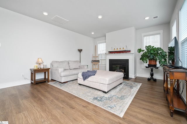800 Redmill Ln, Duncan, SC 29334 - living room with plenty of natural light, a glass covered fireplace, wood finished floors, recessed lighting, and baseboards