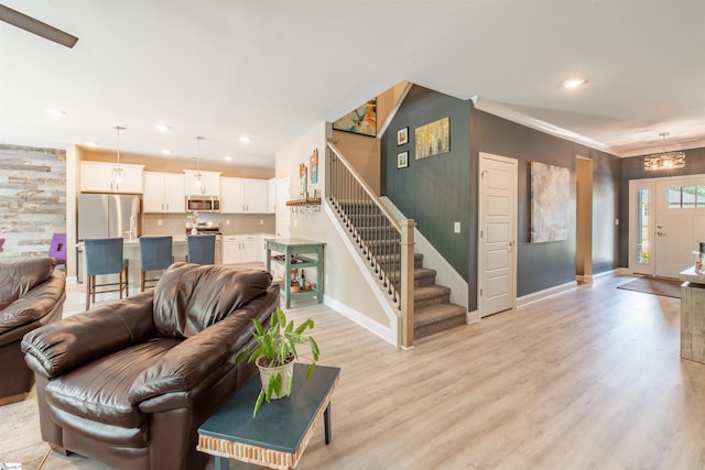 345 Cypress Hollow Trl, Piedmont, SC 29673 - living area featuring stairs, baseboards, light wood-style flooring, recessed lighting, and a chandelier