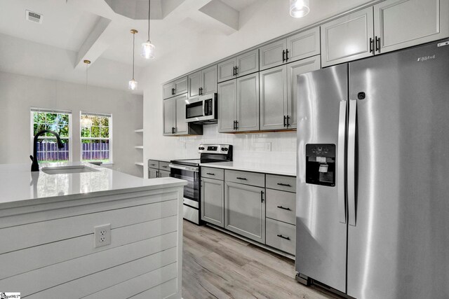1708 Old Georgia Hwy, Gaffney, SC 29341 - kitchen featuring appliances with stainless steel finishes, a sink, gray cabinetry, light countertops, and decorative backsplash