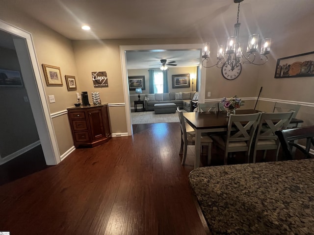 9 Lee St, Liberty, SC 29657 - dining area with dark wood finished floors, a chandelier, ceiling fan, recessed lighting, and baseboards