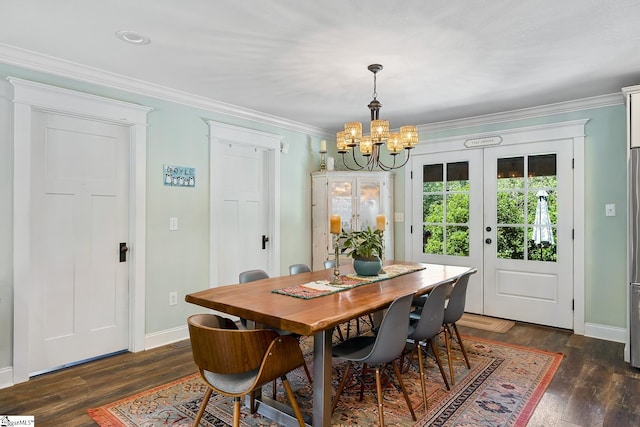 416 Shirley Cir, Pendleton, SC 29625 - dining space featuring a chandelier, dark wood-type flooring, ornamental molding, baseboards, and french doors