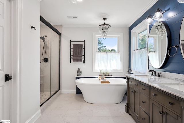 416 Shirley Cir, Pendleton, SC 29625 - bathroom with marble finish flooring, a stall shower, a freestanding bath, double vanity, and ornamental molding