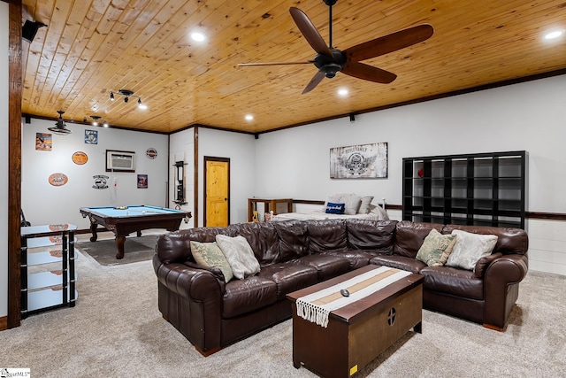 416 Shirley Cir, Pendleton, SC 29625 - living room featuring light carpet, billiards, ceiling fan, ornamental molding, and recessed lighting