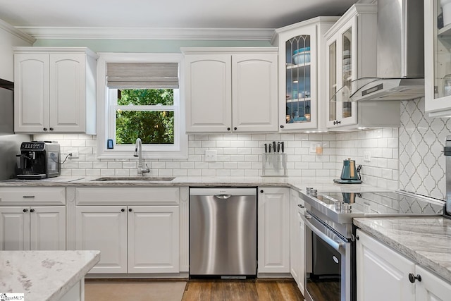 416 Shirley Cir, Pendleton, SC 29625 - kitchen featuring stainless steel appliances, a sink, wall chimney exhaust hood, crown molding, and white cabinetry