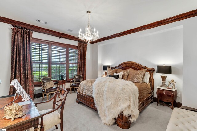 172 Ridgeland Dr # 101, Greenville, SC 29601 - bedroom with a chandelier, crown molding, light colored carpet, and baseboards