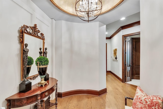 172 Ridgeland Dr # 101, Greenville, SC 29601 - hall with a chandelier, light wood-style floors, baseboards, ornamental molding, and recessed lighting
