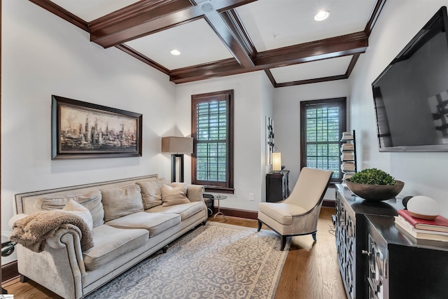 172 Ridgeland Dr # 101, Greenville, SC 29601 - living area with wood finished floors, ornamental molding, baseboards, beamed ceiling, and coffered ceiling