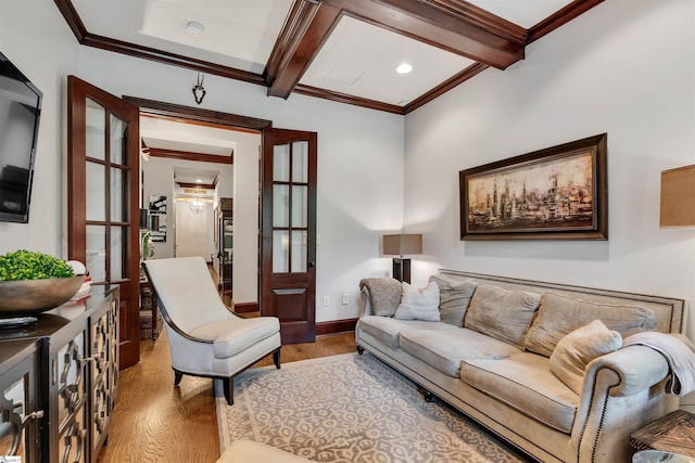 172 Ridgeland Dr # 101, Greenville, SC 29601 - living area with wood finished floors, beamed ceiling, crown molding, baseboards, and recessed lighting